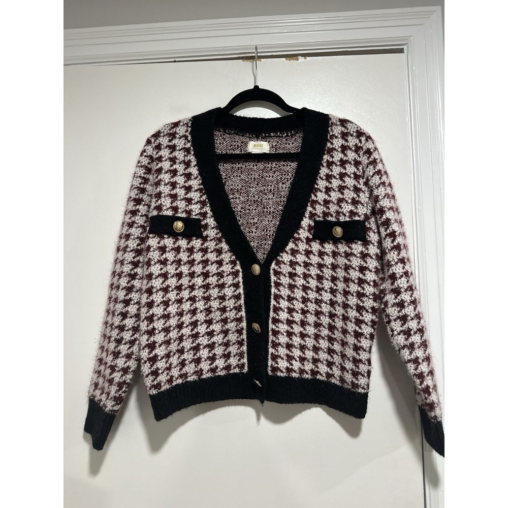 Maeve Sz: M Anthropologie sweater Maroon White Houndstooth Vneck Cardigan